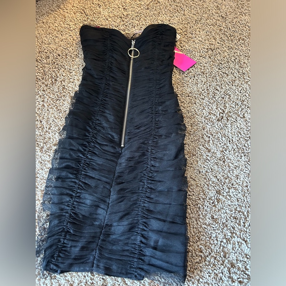 NWT Betsey Johnson Strapless Black Tulle Ruched Dress-Size 0